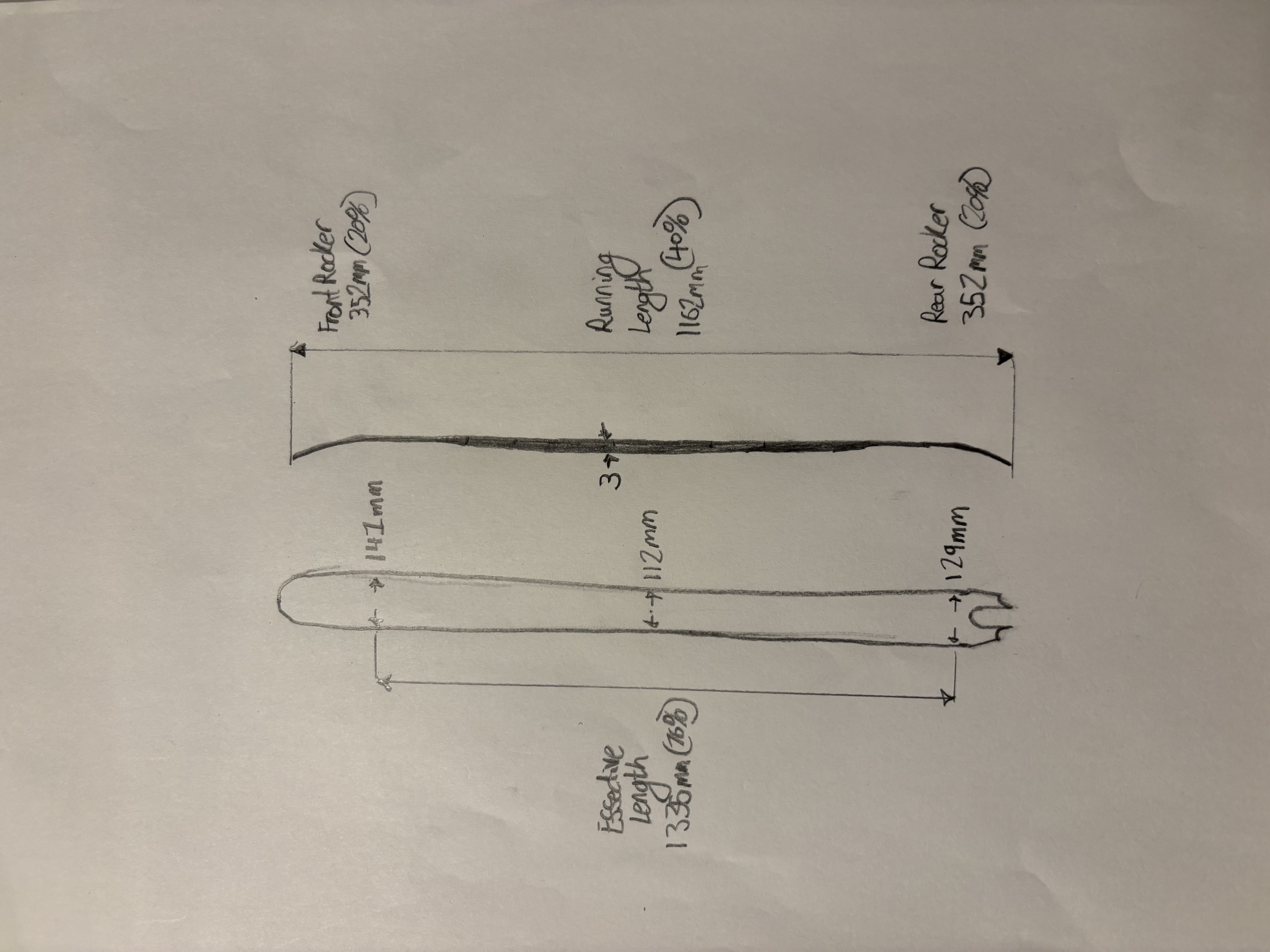 Ski outline sketch showing rocker profile and top view details.