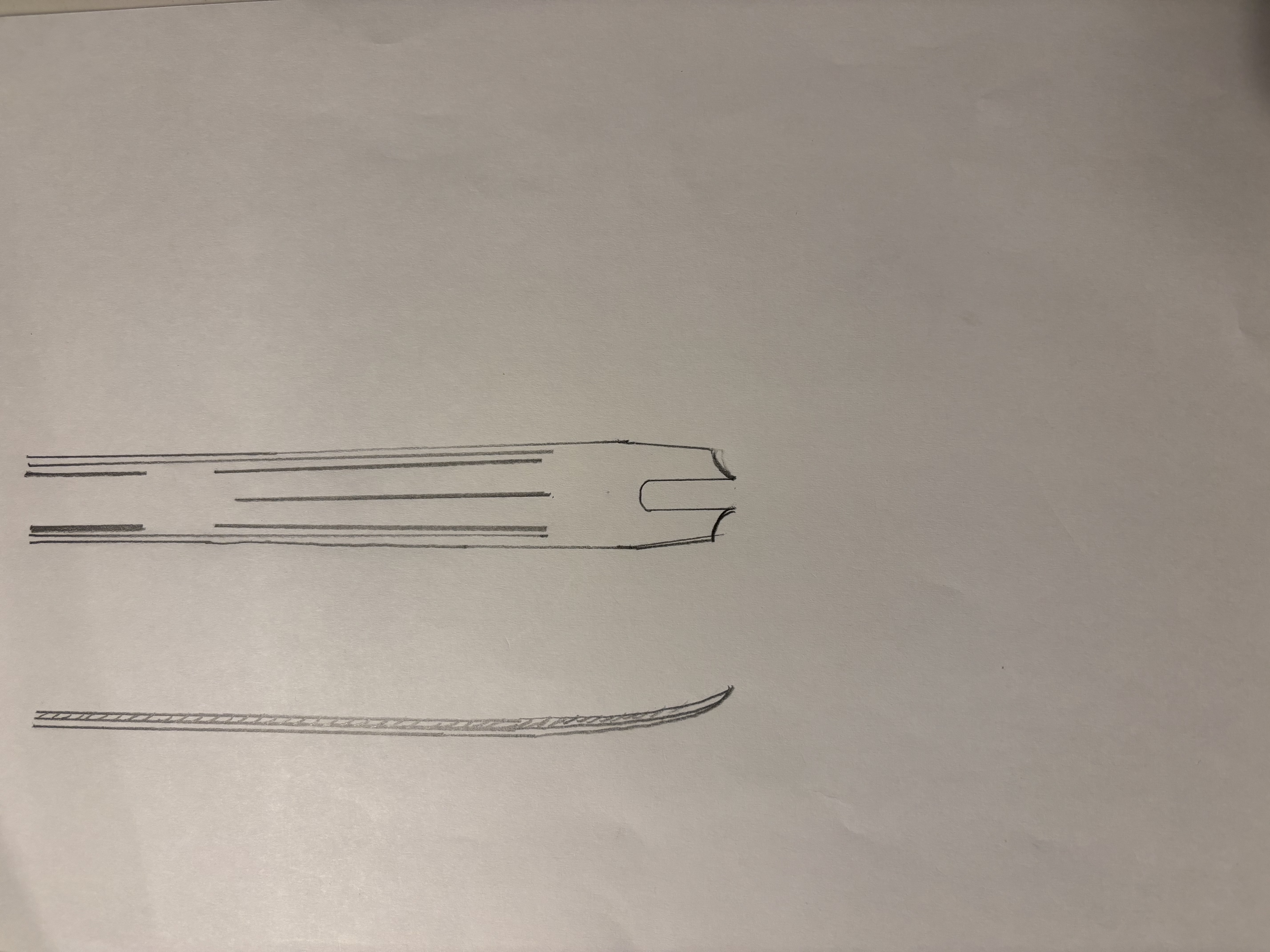 Perspective sketch of ski construction layers and detailing.